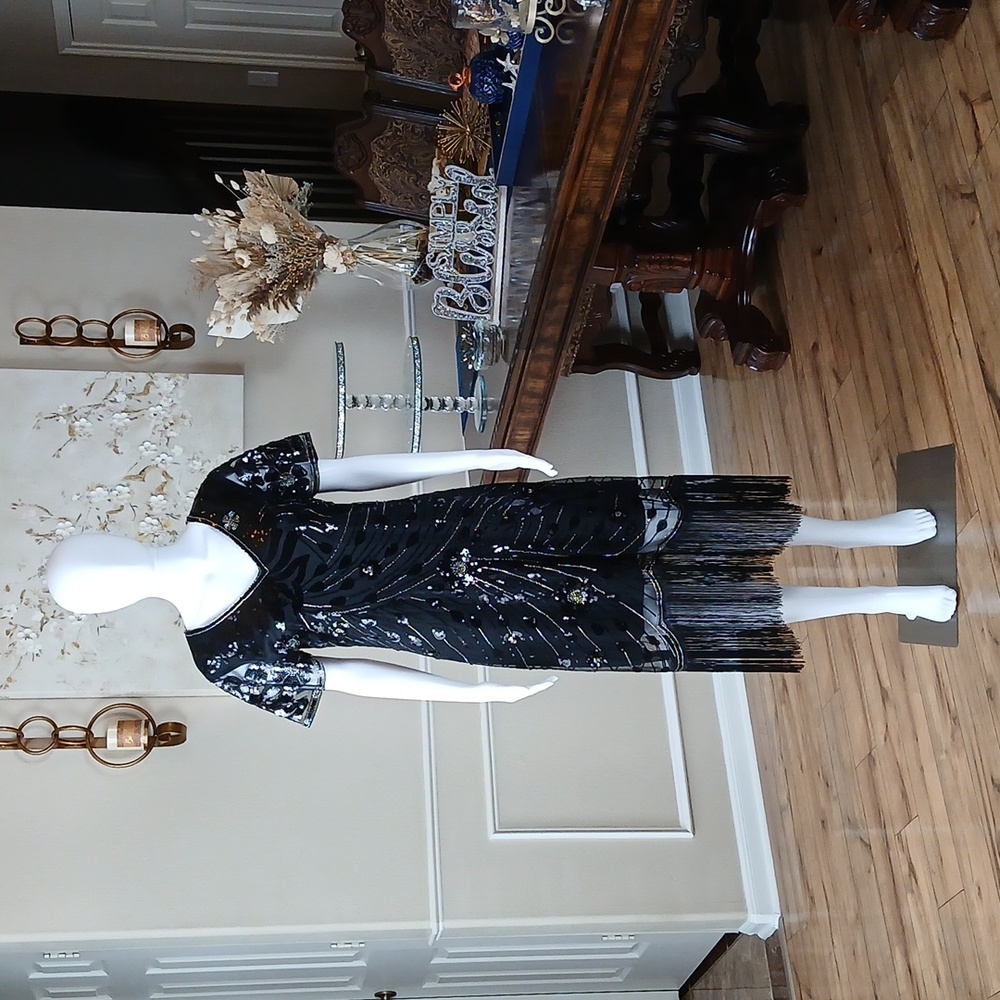 New Black Beaded Gatsby Flapper Cocktail V-neck Dress By Yessa. Size L - Picture 15 of 17